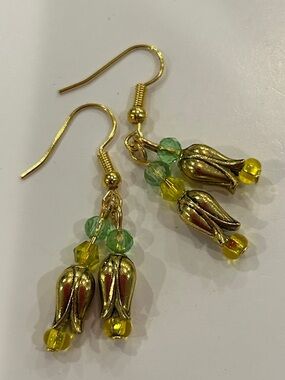 Dainty Green & Yellow Double Tulip Drop Earrings-NWT